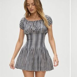 Frankie's Bikinis Black and White Smocked Puff Sleeve Mini Dress
